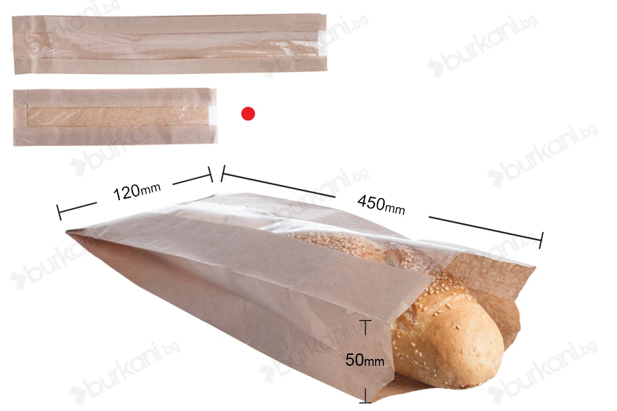 Крафт кафяви пликове за хляб, багета с размери  120x50x450 с прозорец 40mm-изображение_размери