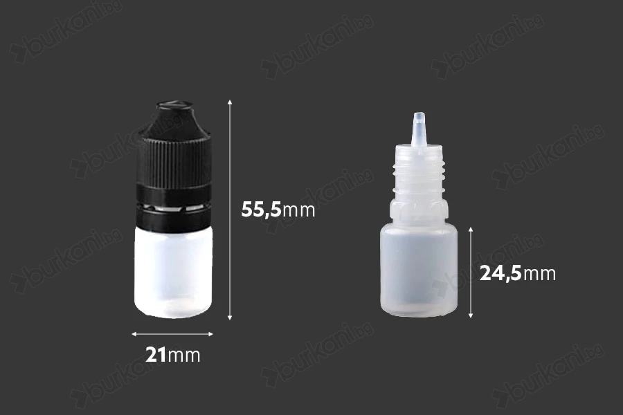 Пластмасова млечна бутилка  5 ml с черна пластмасова капачка  CRC и пластмасов дозатор за електронна цигара - 50 бр.-изображение_размери