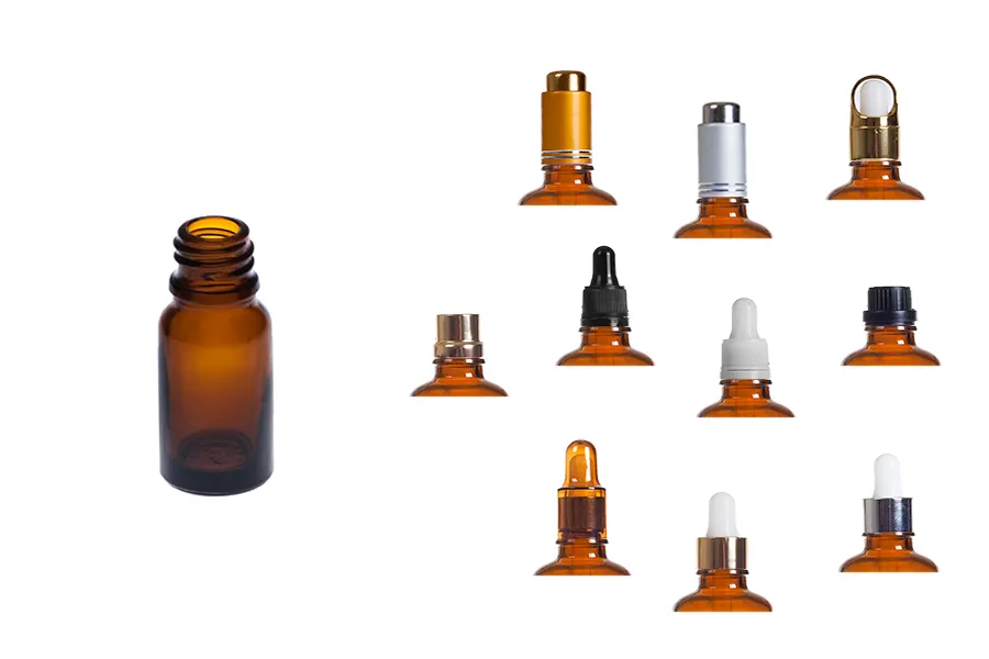 Стъклена кафява бутилка 10 мл за етерични масла, с гърло PP18 Стъклена кафява бутилка 10 мл за етерични масла, с гърло PP18-изображение_група