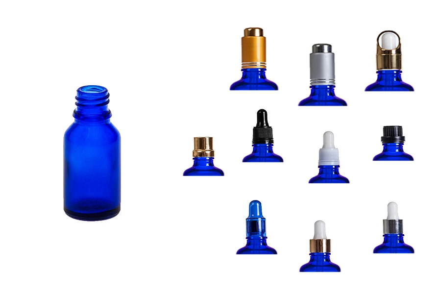Синя стъклена бутилка 15 мл за етерични масла с гърловина PP18-изображение_група