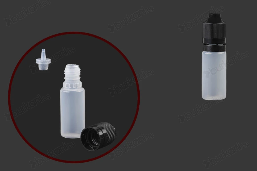 Пластмасова млечна бутилка 10 ml с черна пластмасова капачка  CRC и капкомер за електронни цигари - 50 бр.-изображение_продукт