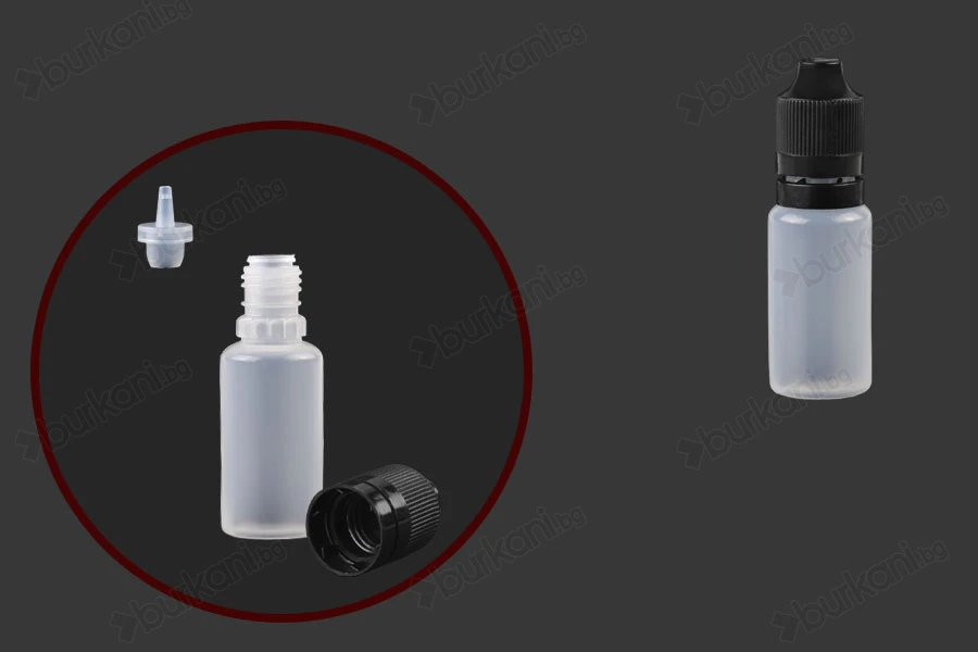 Пластмасова млечна бутилка 15 ml с черна пластмасова капачка CRC и пластмасов капкомер за електронна цигара - 50 бр.-изображение_продукт