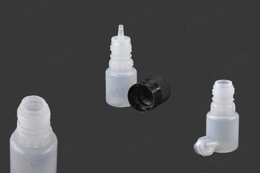 Пластмасова млечна бутилка  5 ml с черна пластмасова капачка  CRC и пластмасов дозатор за електронна цигара - 50 бр.-изображение_група