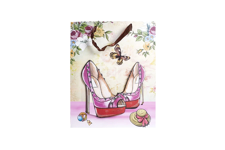 Хартиени 3-D подаръчни торбички, модел "Токчета", размер  "M", 26x10x32cm-изображение_размери