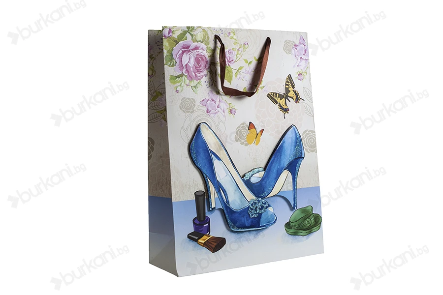 Хартиени 3-D подаръчни торбички, модел "Сини Токчета", размер  "L", 31x12x42cm-изображение_продукт