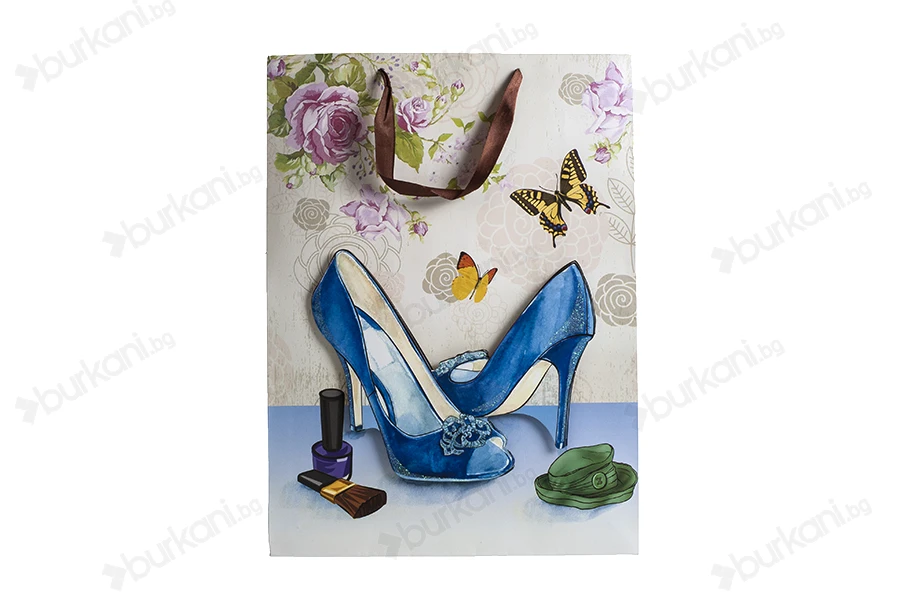 Хартиени 3-D подаръчни торбички, модел "Сини Токчета", размер  "L", 31x12x42cm-изображение_размери
