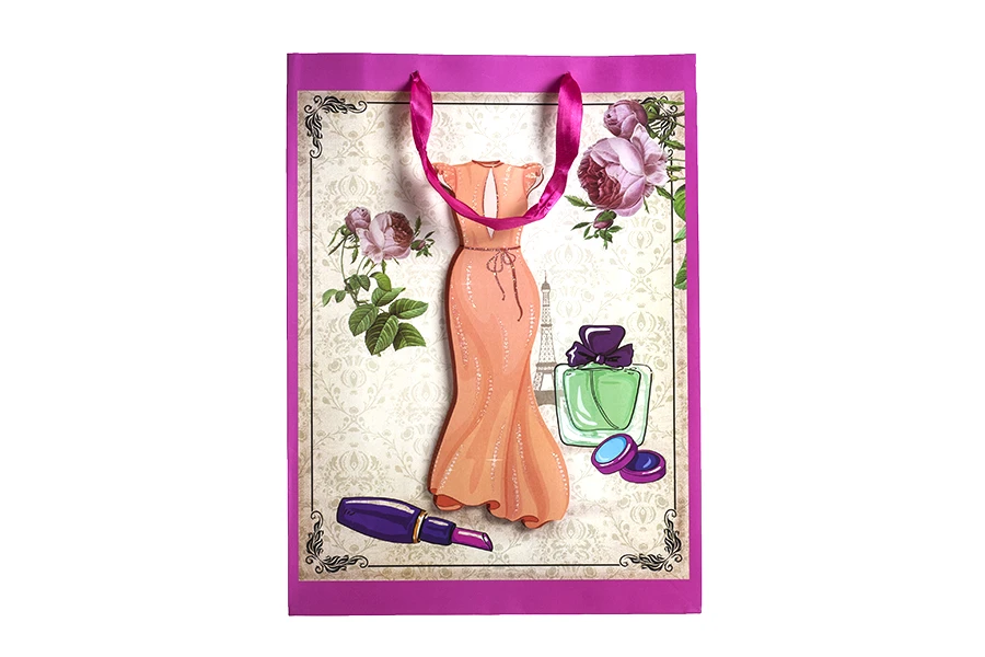 Хартиени 3-D подаръчни торбички, модел  "Оранжева Рокля", размер  "L", 31x12x42cm-изображение_размери