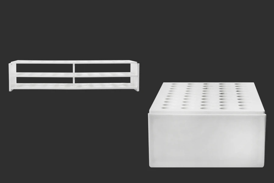 Πластмасова поставка  238x110x55 mm в бял цвят - 50 места (с отвор 16 mm) Πластмасова поставка  238x110x55 mm в бял цвят - 50 места (с отвор 16 mm)