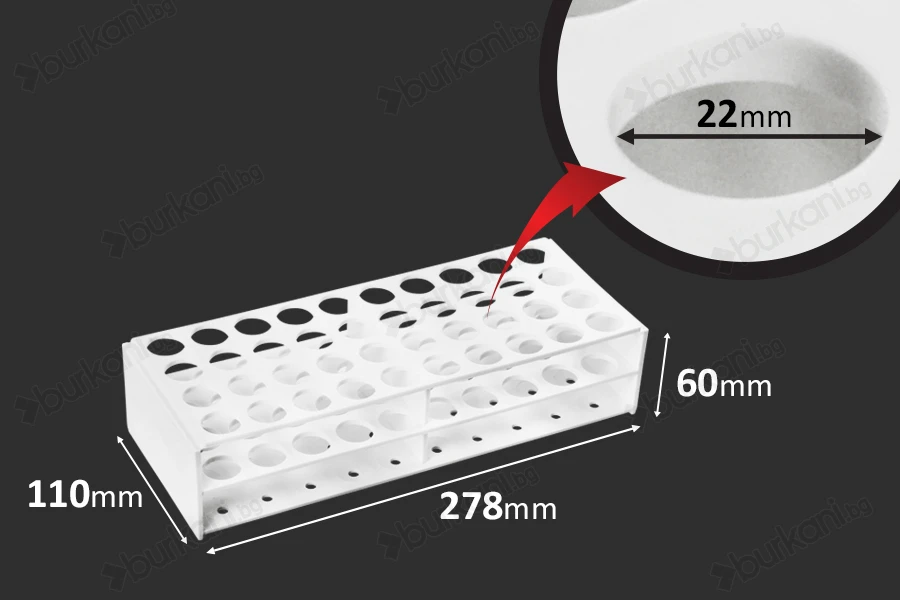 Пластмасова поставка  278x110x60 mm в бял цвят - 40 места (с  отвор 22 mm)-изображение_размери