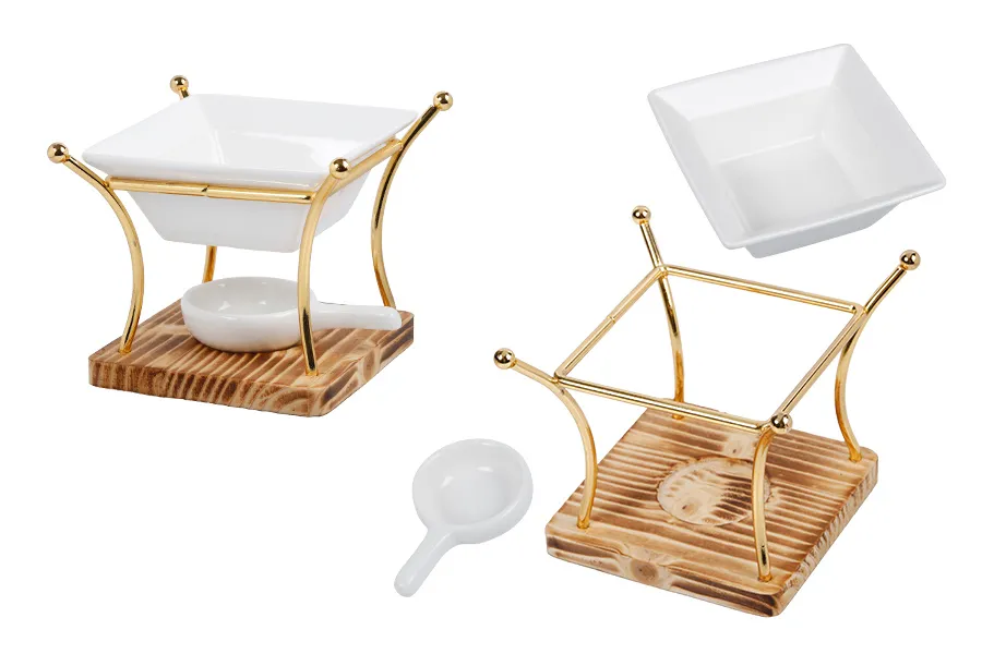 Метален аромадифузор с дървена основа, керамична лъжица и съд за топене на масла-изображение_продукт