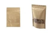 Крафт опаковка тип DOY PACK  180x40x260 mm  с цип и прозорец, с външна и вътрешна облицовка прозрачнас възможност за термозапечатване - 100 бр.