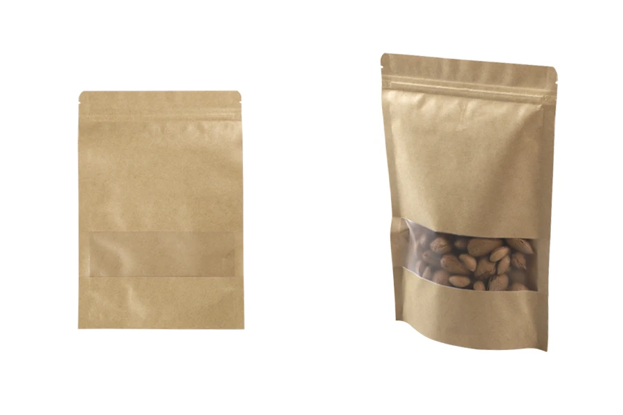 Крафт опаковка тип DOY PACK  180x40x260 mm  с цип и прозорец, с външна и вътрешна облицовка прозрачнас възможност за термозапечатване - 100 бр.