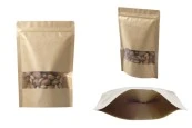 Крафт опаковка тип DOY PACK  180x40x260 mm  с цип и прозорец, с външна и вътрешна облицовка прозрачнас възможност за термозапечатване - 100 бр.