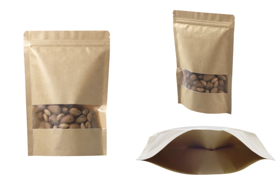 Крафт опаковка тип DOY PACK  180x40x260 mm  с цип и прозорец, с външна и вътрешна облицовка прозрачнас възможност за термозапечатване - 100 бр.