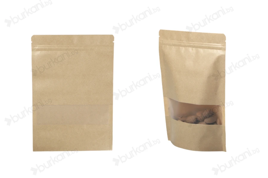 Крафт опаковка тип DOY PACK  200x50x295 mm с цип и прозорец, с външна и вътрешна облицовка прозрачна с възможност за термозапечатване - 100 бр.-изображение_продукт