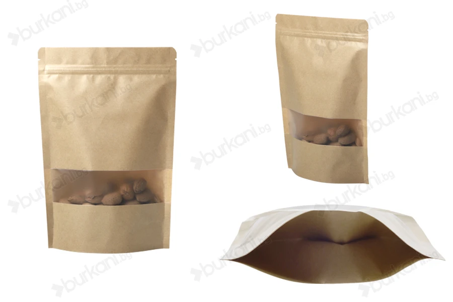 Крафт опаковка тип DOY PACK  200x50x295 mm с цип и прозорец, с външна и вътрешна облицовка прозрачна с възможност за термозапечатване - 100 бр.-изображение_група