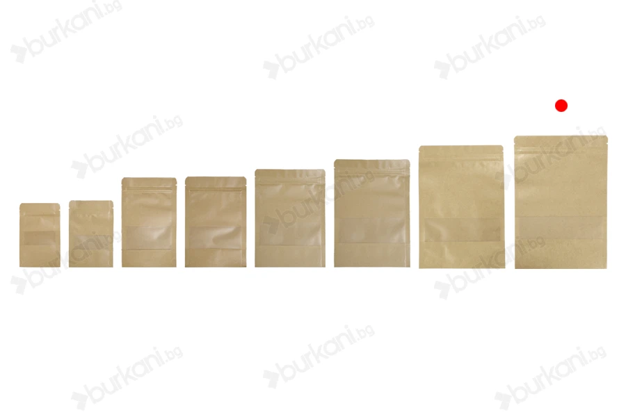 Крафт опаковка тип DOY PACK  200x50x295 mm с цип и прозорец, с външна и вътрешна облицовка прозрачна с възможност за термозапечатване - 100 бр.-изображение_група