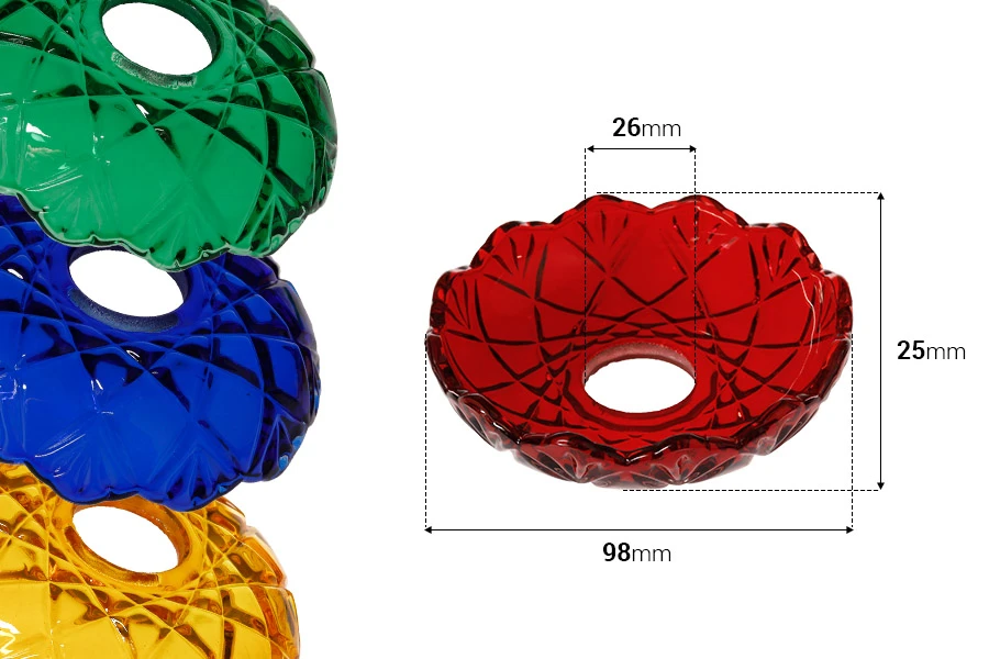 Vrimë qelqi pllaka me vrimë qendrore (26 mm) për shandanët dhe llambadarët në një larmi ngjyrash-изображение_размери