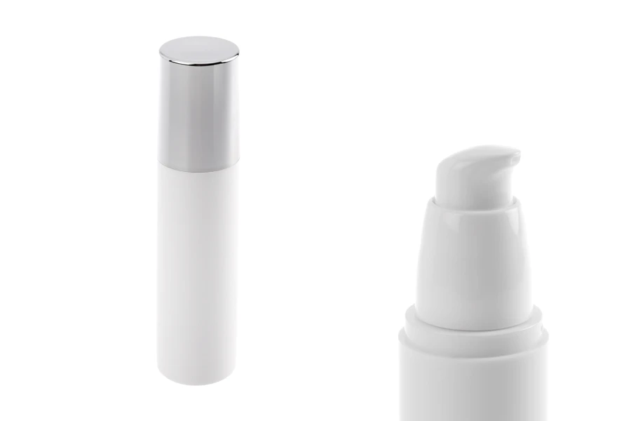 Пластмасова бяла бутилка Airless 50 ml със сребриста капачка Пластмасова бяла бутилка Airless 50 ml със сребриста капачка