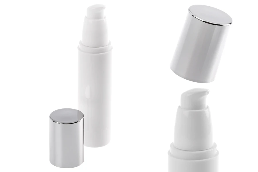 Пластмасова бяла бутилка Airless 50 ml със сребриста капачка Пластмасова бяла бутилка Airless 50 ml със сребриста капачка