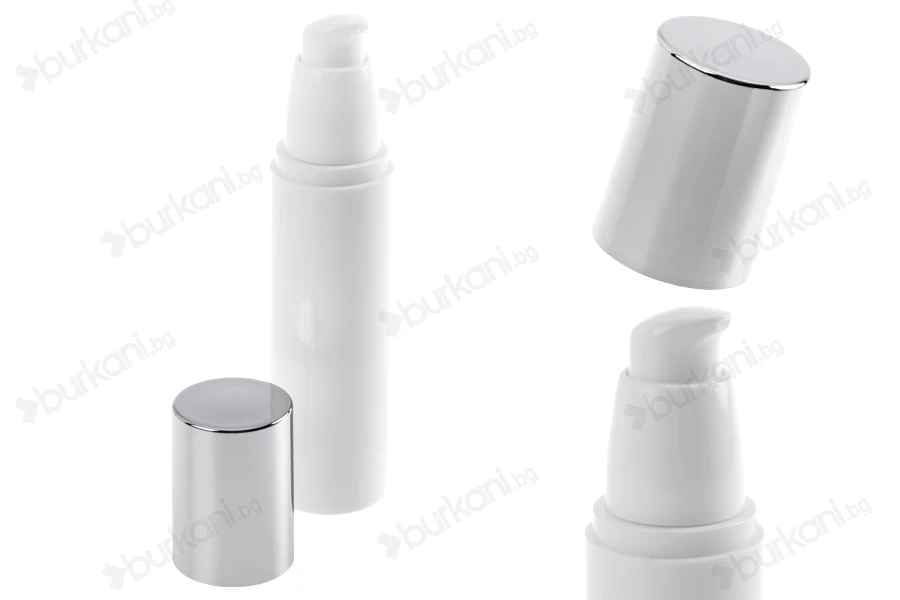 Пластмасова бяла бутилка Airless 50 ml със сребриста капачка-изображение_група