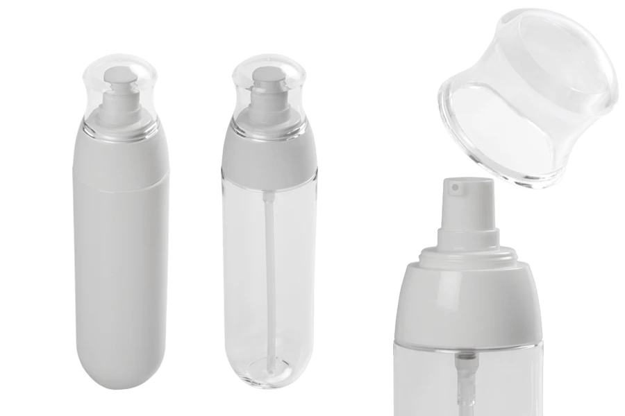 Пластмасова PET бутилка 100 ml с бяла помпа и прозрачна капачка Пластмасова PET бутилка 100 ml с бяла помпа и прозрачна капачка