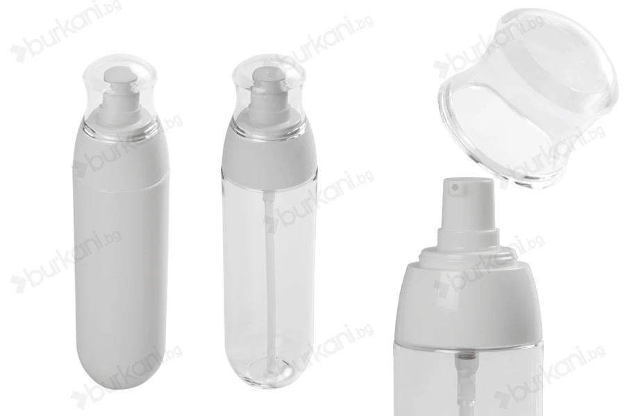 Пластмасова PET бутилка 100 ml с бяла помпа и прозрачна  капачка-изображение_продукт