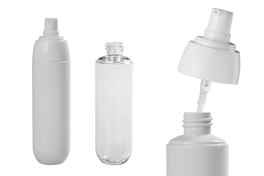 Пластмасова PET бутилка 100 ml с бяла помпа и прозрачна капачка Пластмасова PET бутилка 100 ml с бяла помпа и прозрачна капачка