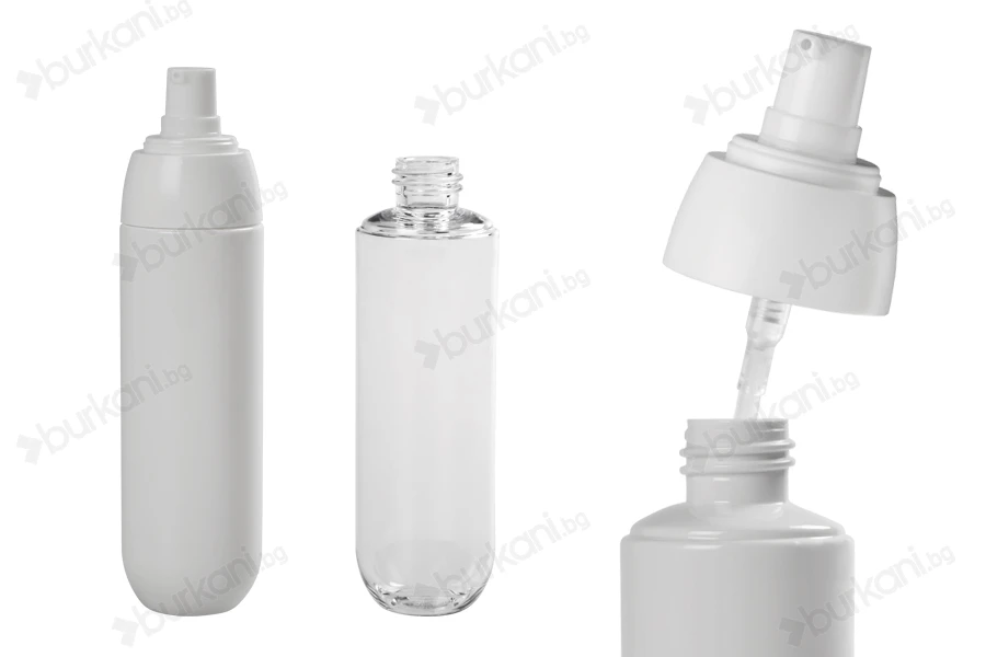 Пластмасова PET бутилка 100 ml с бяла помпа и прозрачна  капачка-изображение_група