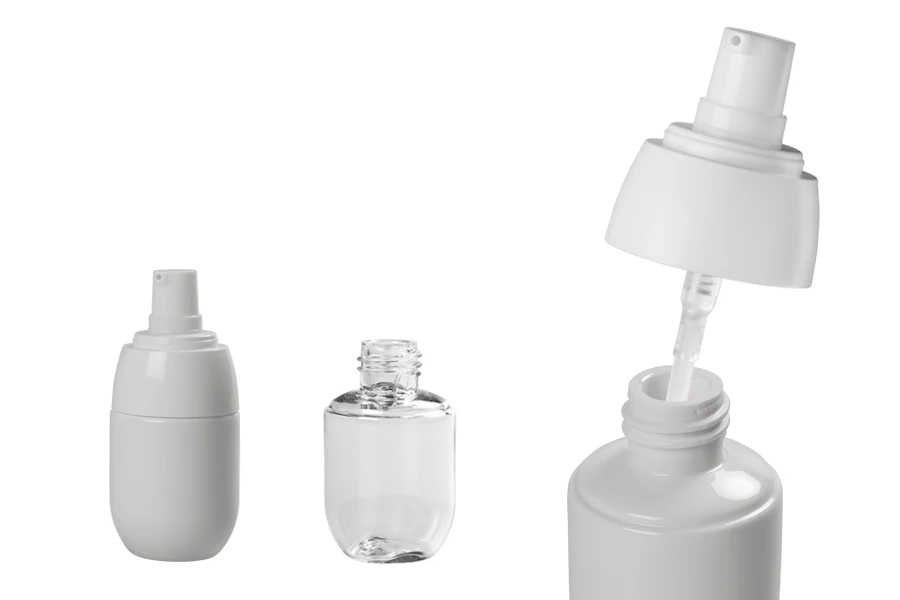 Пластмасова бутилка PET 30 ml с бяла лосион помпа и прозрачна капачка Пластмасова бутилка PET 30 ml с бяла лосион помпа и прозрачна капачка