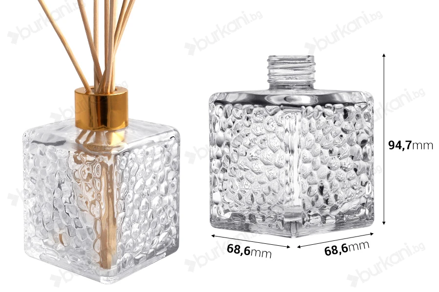 Квадратна стъклена бутилка 200 ml (PP 28) с релефен дизайн за ароматизатор, дифузер-изображение_размери