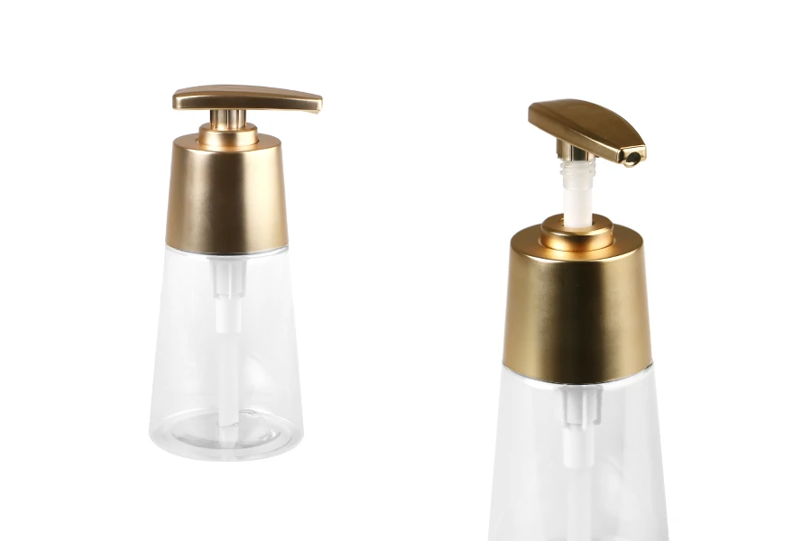 Пластмасова прозрачна ПЕТ бутилка 200 мл със златиста матова помпа за крем или лосион-изображение_продукт