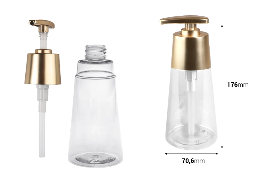 Пластмасова прозрачна ПЕТ бутилка 300 мл със златиста матова  помпа лосион-изображение_размери