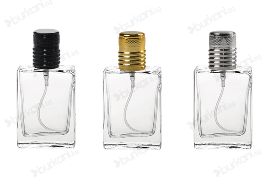 Стъклена бутилка от 30 ml, прозрачна с черна спрей помпа и калъфка  (PP 15)-изображение_размери