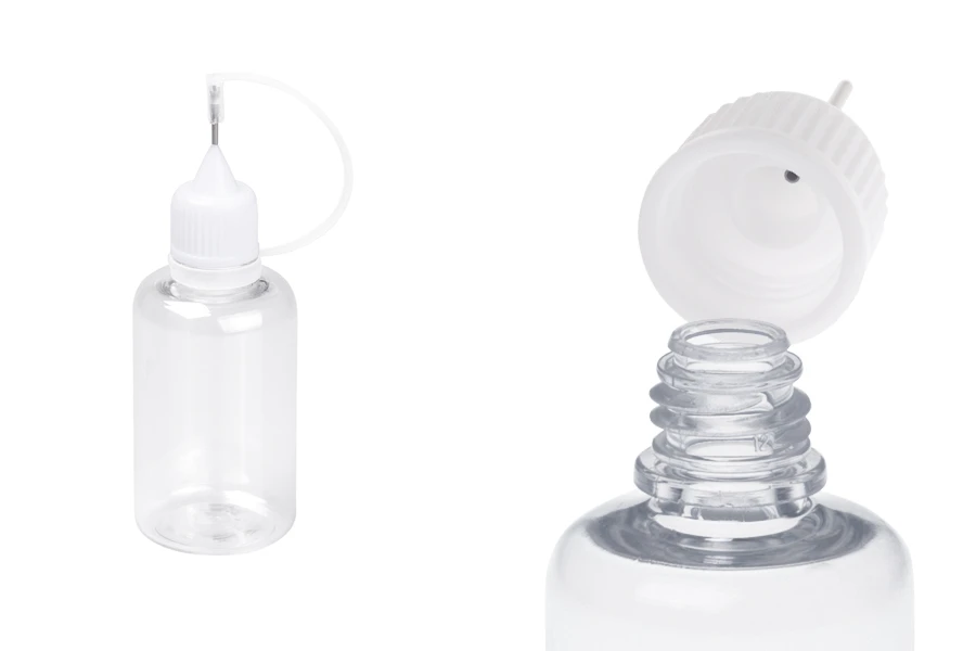 Прозрачно пластмасови шише 30 мл с бяла капачка и игла за електронна цигара-изображение_продукт