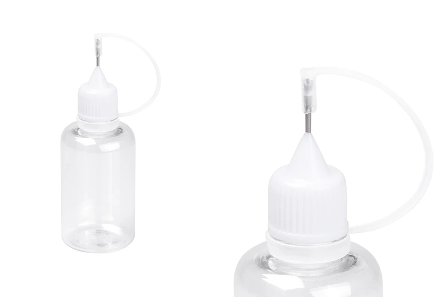 Прозрачно пластмасови шише 30 мл с бяла капачка и игла за електронна цигара-изображение_размери