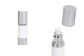 Бутилка тип Airless 30 мл, пластмасово бяло тяло, капачка и основа алуминиево мат сребристо Бутилка тип Airless 30 мл, пластмасово бяло тяло, капачка и основа алуминиево мат сребристо