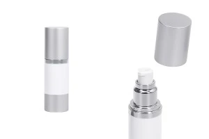 Бутилка тип Airless 30 мл, пластмасово бяло тяло, капачка и основа алуминиево мат сребристо-1