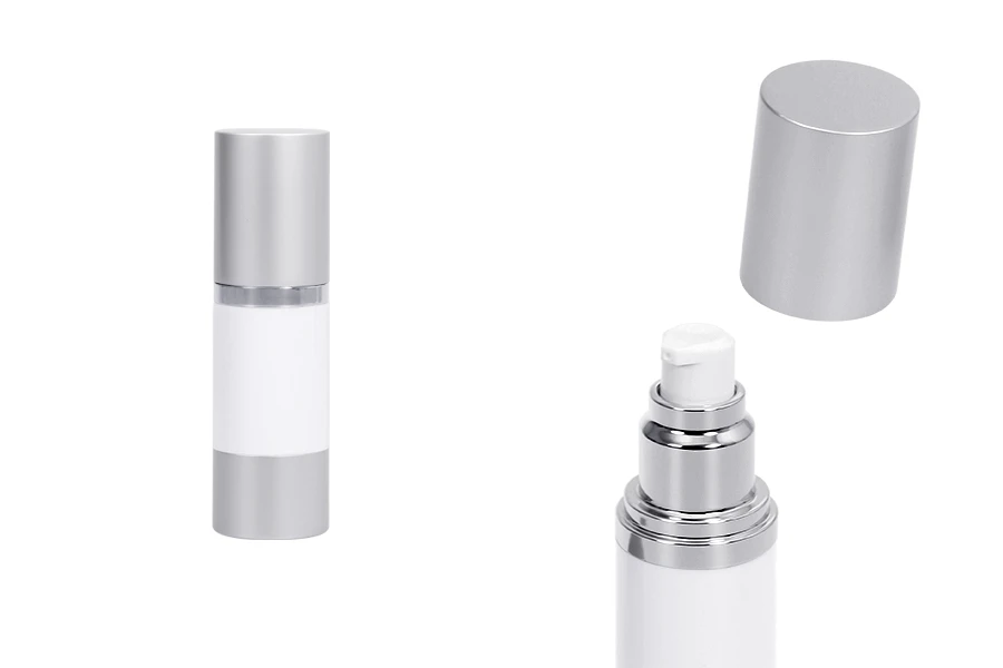 Бутилка тип Airless 30 мл, пластмасово бяло тяло, капачка и основа алуминиево мат сребристо Бутилка тип Airless 30 мл, пластмасово бяло тяло, капачка и основа алуминиево мат сребристо