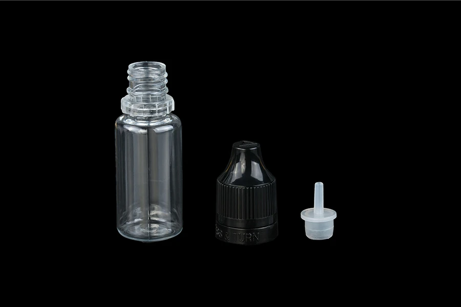 Прозрачна пластмасова бутилка 10 мл с черна CRC капачка и пластмасов капкомер за електронна цигара - 50 бр. / на пакет-изображение_размери