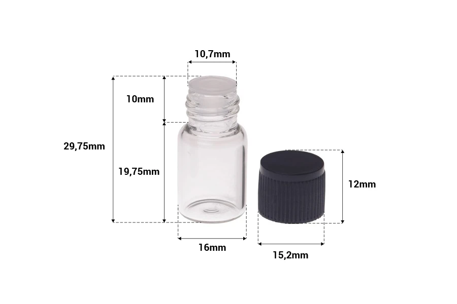 Малко прозрачно шишенце 2 мл с черна пластмасова капачка и пластмасова тапичка  с размери  16x30мм-изображение_размери