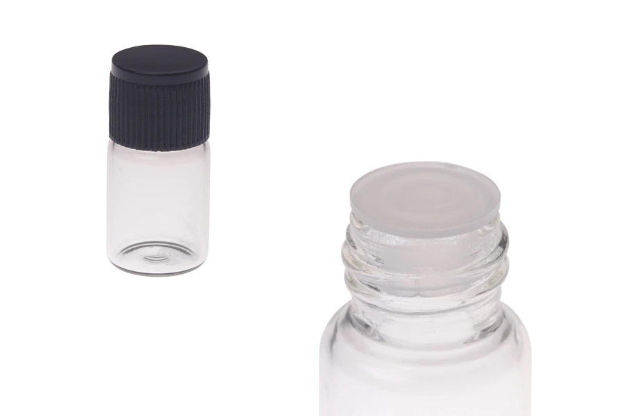 Малко прозрачно шишенце 2 мл с черна пластмасова капачка и пластмасова тапичка  с размери  16x30мм-изображение_продукт