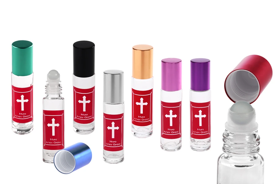 Стъклена бутилка 10 мл Рол он със стъклено топче и червен етикет с надпис "Μύρο Αγίου Όρους " с алуминиева капачка в различни цветове Стъклена бутилка 10 мл Рол он със стъклено топче и червен етикет с надпис "Μύρο Αγίου Όρους " с алуминиева капачка в различни цветове-изображение_размери