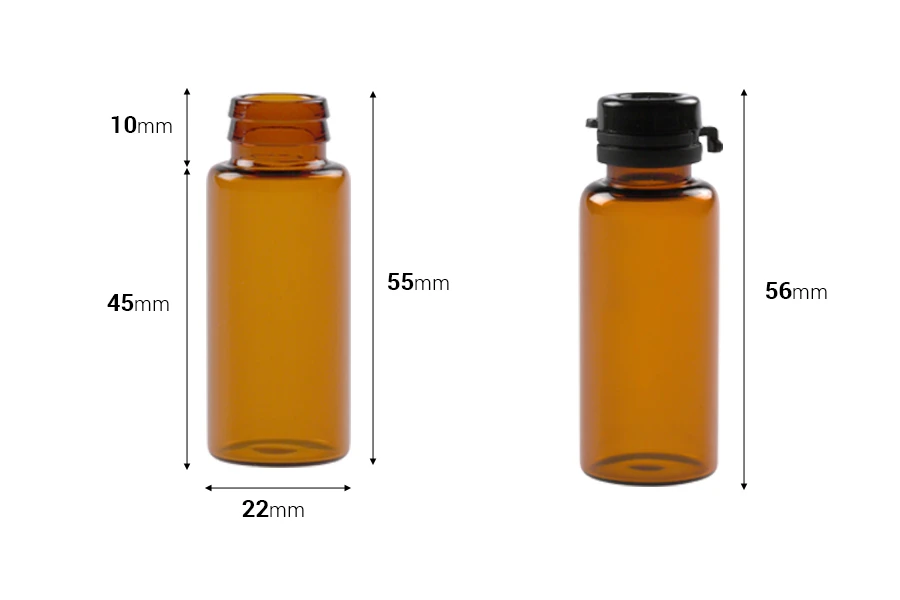 Малко стъклено шишенце 10 мл с черна пластмасова капачка-изображение_размери