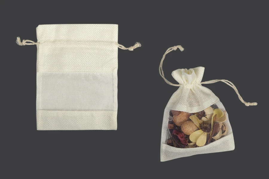 Ленена торбичка с размер 130х170 мм с прозорче от тюл - 12 бр.-изображение_продукт