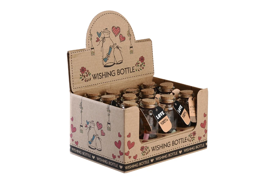 Малко декоративно стъклено шише коркова тапа за пожелания - 12 броя в кутия-изображение_размери