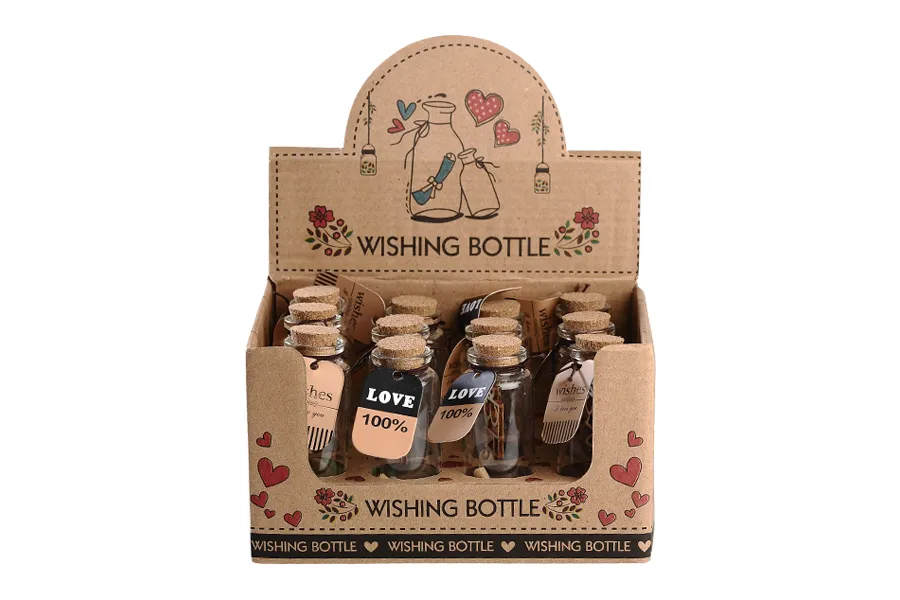 Малки шишенца с коркова тапа и лист за пожелания - 12 бр. в кутия-изображение_размери