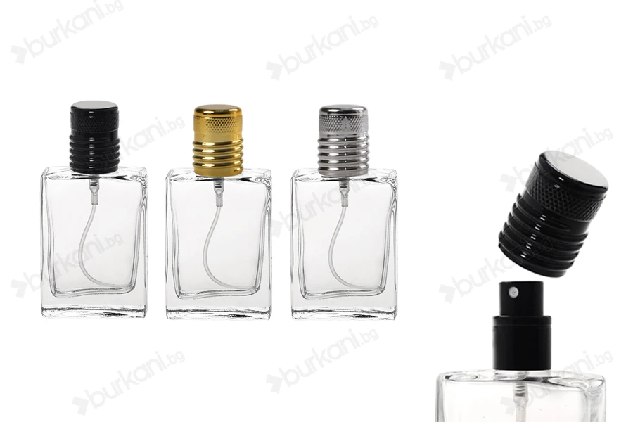 Стъклена бутилка от 30 ml, прозрачна с черна спрей помпа и калъфка  (PP 15)-изображение_продукт