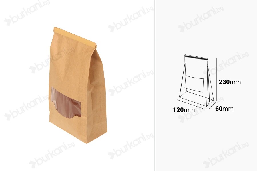 Крафт торбичка с размери 120x60x230 mm с прозорец и тел за запечатване (tin-tie)-изображение_размери