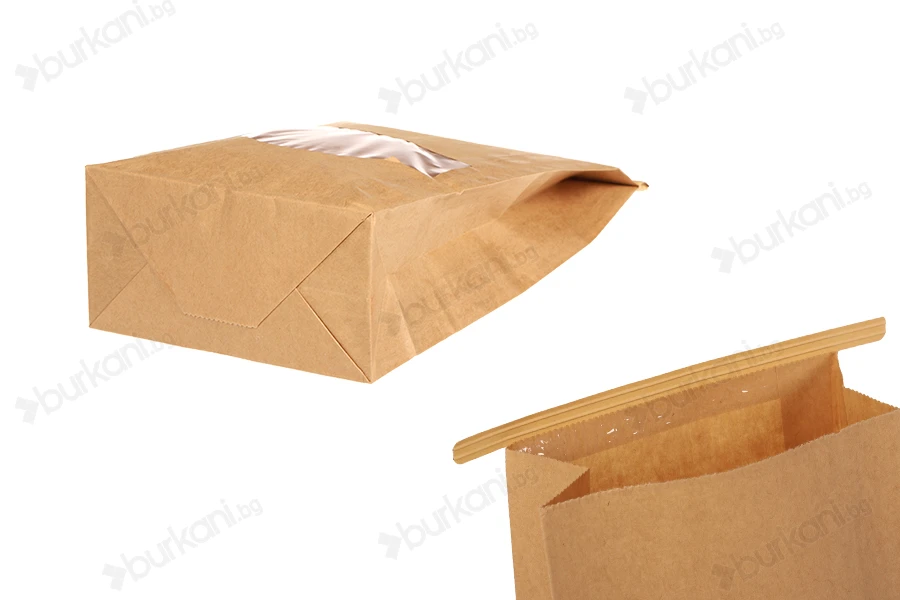 Крафт торбичка с размери 120x60x230 mm с прозорец и тел за запечатване (tin-tie)-